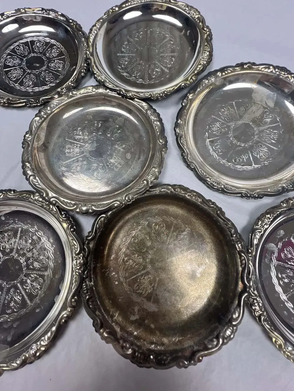 Vintage Silver Plated EP On Steel Embossed Floral Drink Coasters Set of 7
